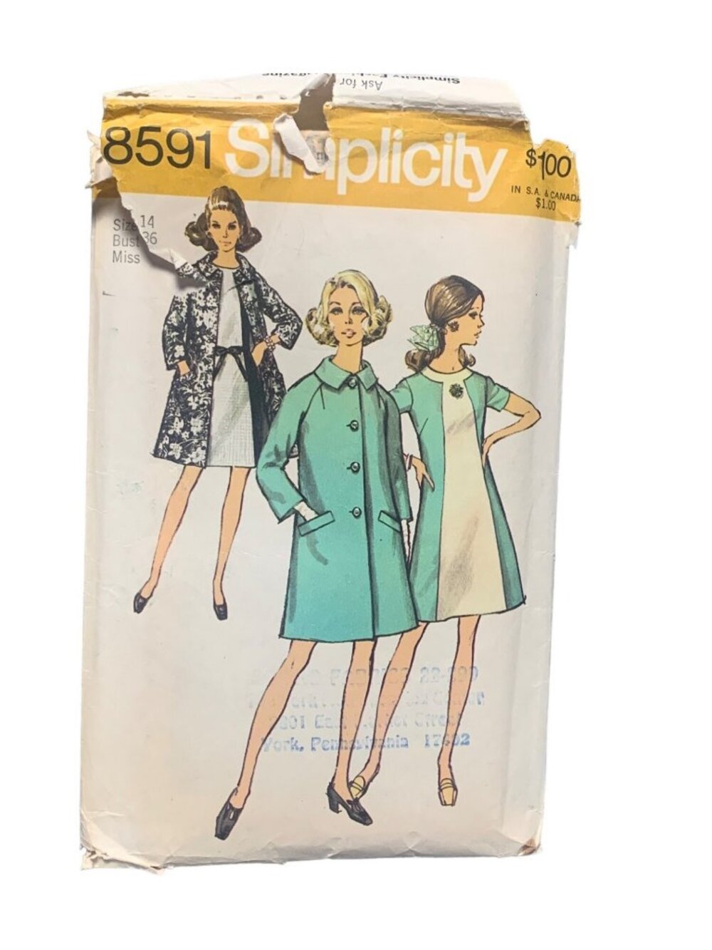Vintage Simplicity 8591 Womens Coat Dress Sewing Pattern Size 14 Retro Fashion